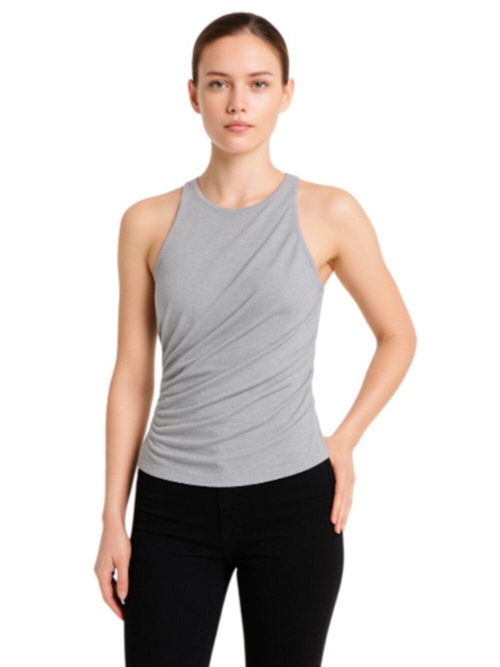 NEW Open Edit X-Small Gray Ruched Cropped Top Bodycon Sleeveless Stretch